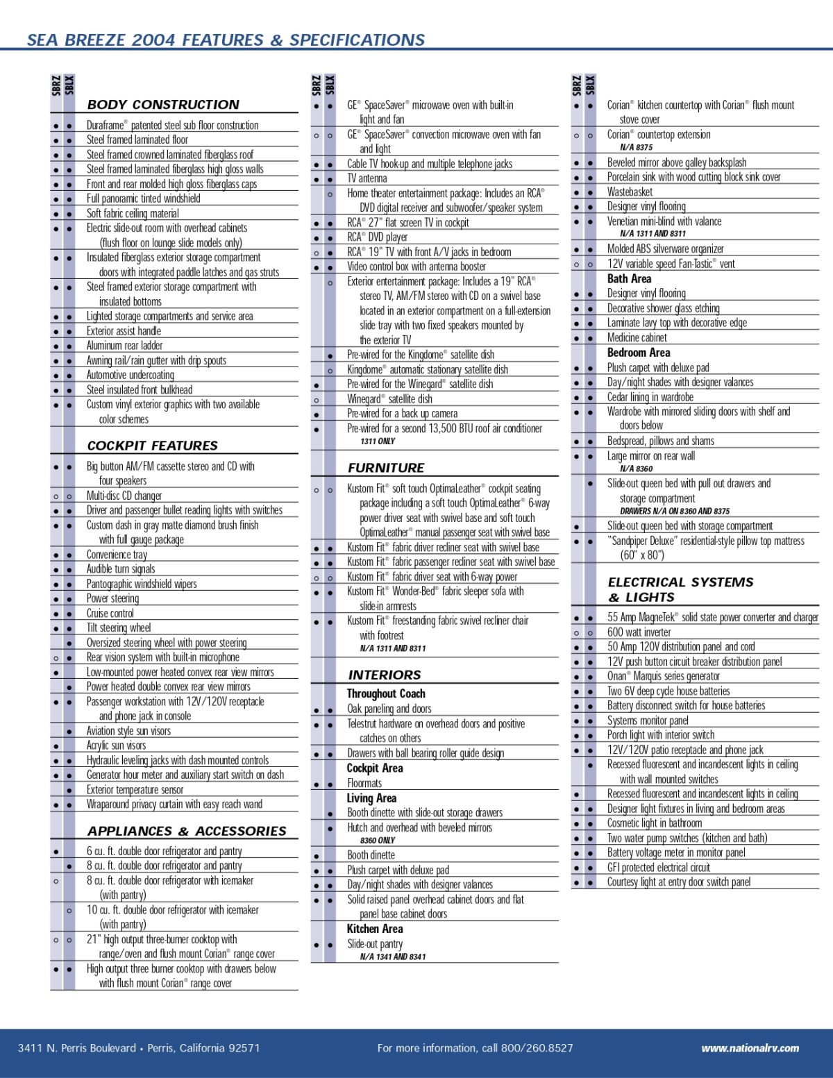 2004 National RV Sea Breeze Spec Sheet - RV Roundtable Buy - Sell - Join