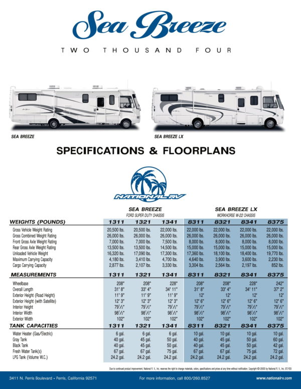 2004 National RV Sea Breeze Spec Sheet - RV Roundtable Buy - Sell - Join